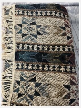 Large Vtg Oval Woven Knit Blanket Rug Fringe Multicolor Southwestern 112" X 58"
